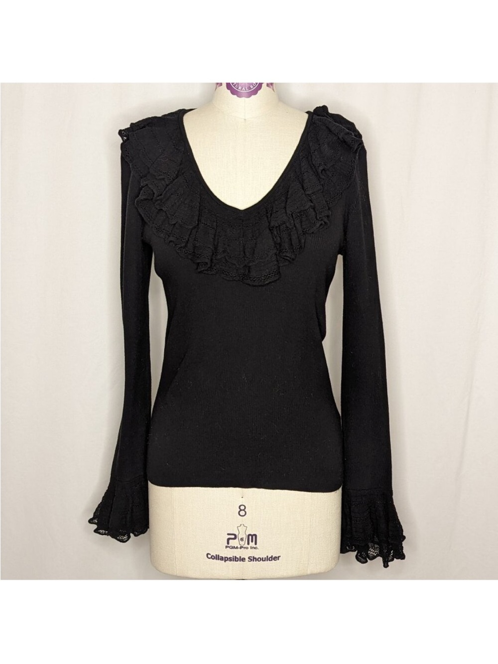 Ralph Lauren Black V-Neck Ruffle Knit Top